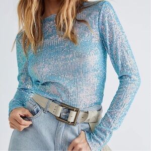 Free People Longsleeves Top Blue Sequined